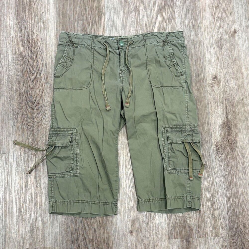 Vtg Y2K American Eagle 12 Green Low Rise Cargo Capris Pant Embroidered Gorpcore